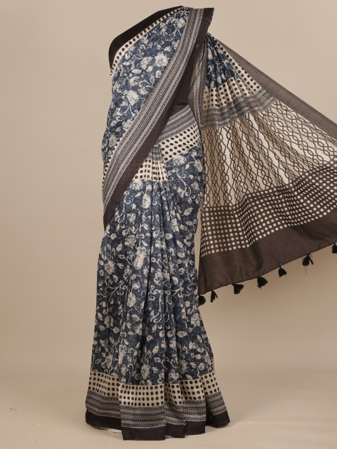 

Pothys Blue & Off White Floral Pure Silk Dabu Saree