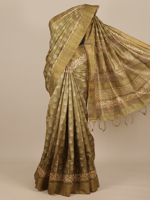 

Pothys Olive Green & Cream-Coloured Ethnic Motifs Zari Pure Silk Saree