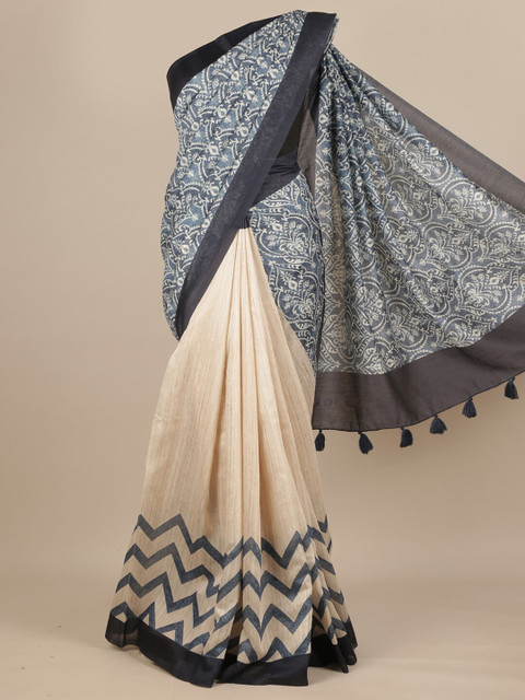 

Pothys Blue & Cream-Coloured Ethnic Motifs Pure Silk Dabu Saree