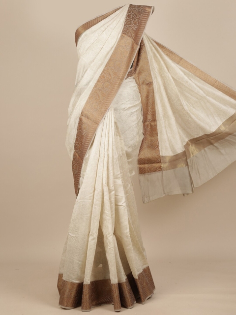 

Pothys Off White & Gold-Toned Floral Pure Silk Dabu Saree