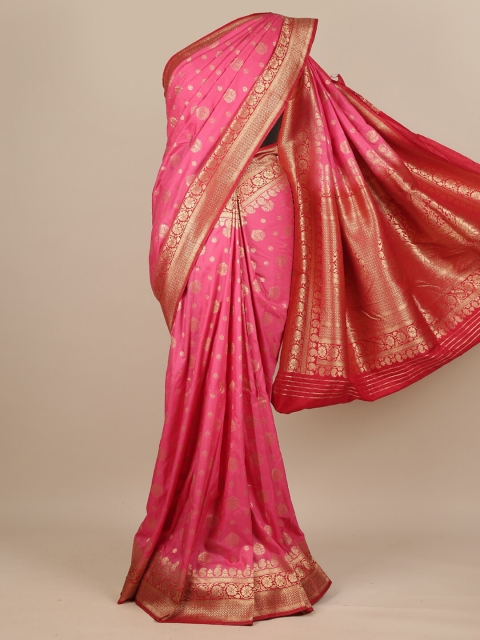 

Pothys Pink & Gold-Toned Ethnic Motifs Pure Georgette Muga Saree