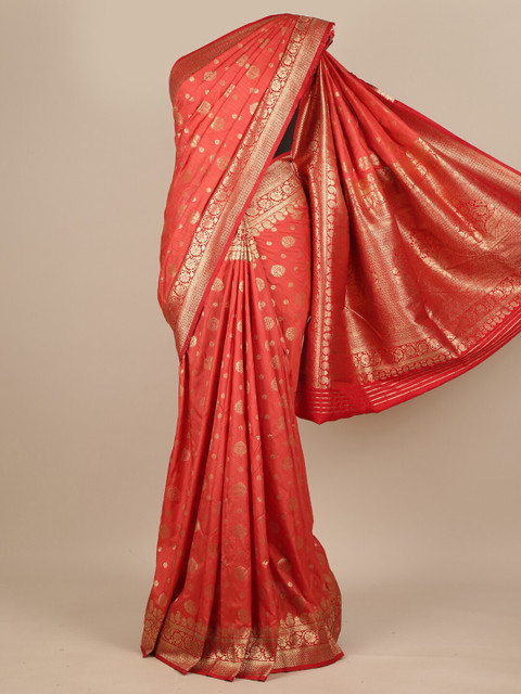 

Pothys Peach & Gold-Coloured Ethnic Motifs Zari Woven Design Pure Silk Muga Saree