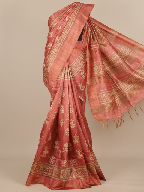 

Pothys Peach-Coloured & Beige Batik Floral Pure Silk Saree