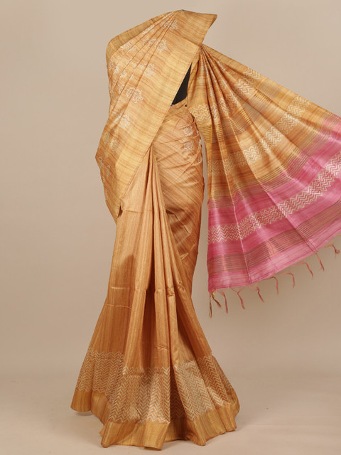 

Pothys Mustard & Cream-Coloured Batik Pure Silk Saree