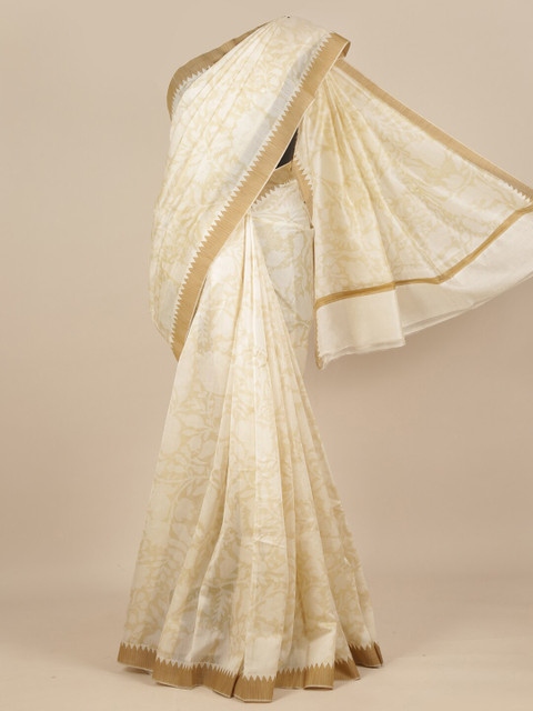 

Pothys Cream-Coloured & Beige Floral Pure Silk Dabu Saree