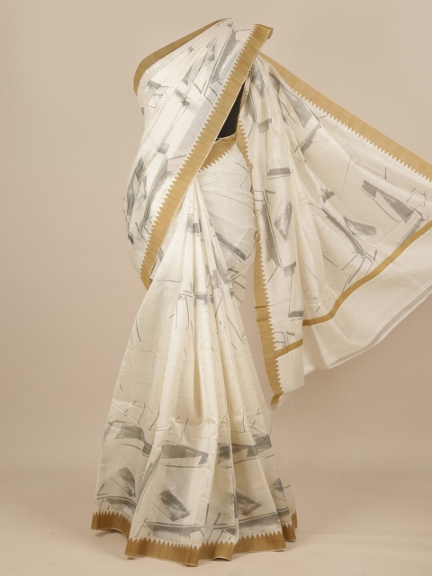 

Pothys Off White & Grey Pure Silk Dabu Saree