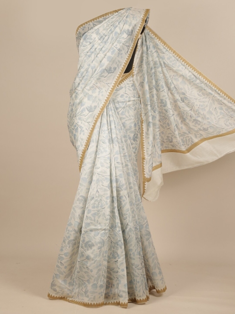 

Pothys Off White & Grey Floral Pure Silk Dabu Saree