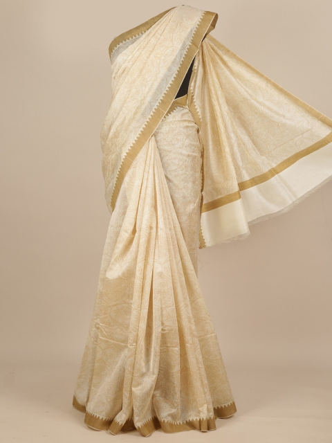 

Pothys Off White & Gold-Toned Floral Pure Silk Dabu Saree