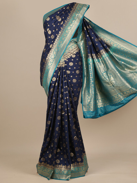 

Pothys Navy Blue & Gold-Toned Ethnic Motifs Zari Pure Georgette Muga Saree