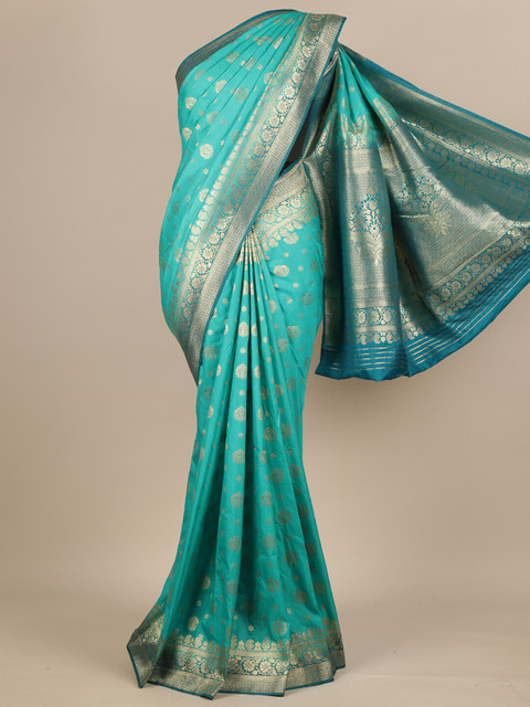 

Pothys Blue & Silver-Toned Woven Design Pure Georgette Muga Saree