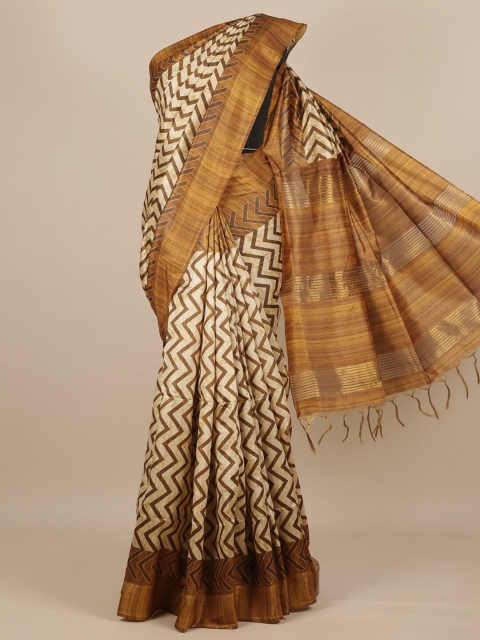 

Pothys Cream-Coloured & Brown Zari Pure Silk Saree