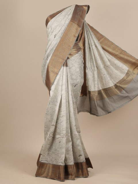 

Pothys Off White & Grey Floral printed Zari Pure Silk Dabu Saree