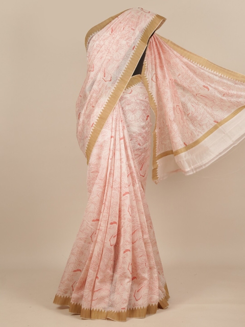 

Pothys Off White & Peach-Coloured Floral Pure Silk Dabu Saree