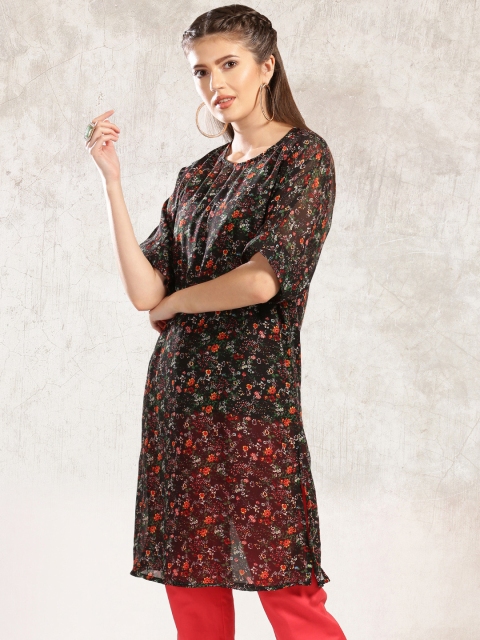

Anouk Women Black Floral Print Straight Kurta