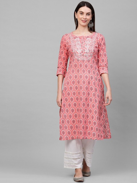 

FASHOR Women Pink Floral Printed Gotta Patti Kurta