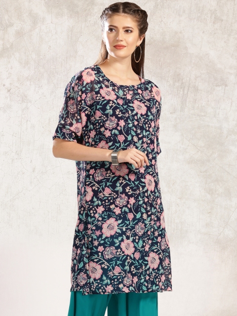

Anouk Women Navy Blue & Pink Floral Print Straight Kurta