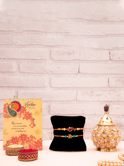 

Archies Red & Gold-Toned 5-Pieces Rakhi Gift Set