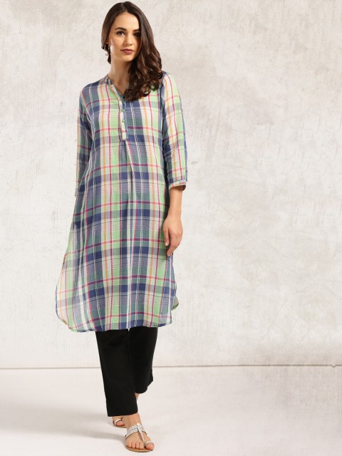 

Anouk Women Navy & Green Checked A-Line Kurta, Navy blue