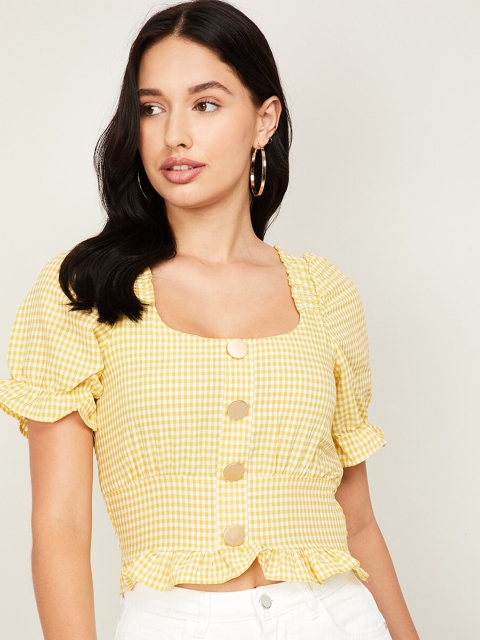 

Ginger by Lifestyle Yellow Checked Cinched Waist Crop Top