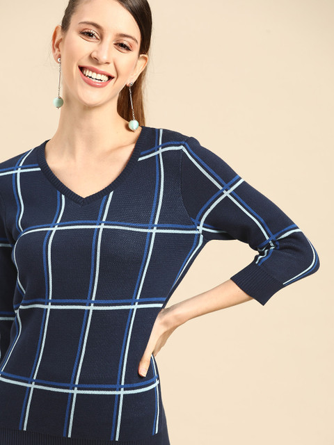

United Colors of Benetton Women Navy Blue & White Cotton Checked Pullover