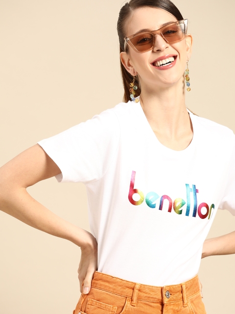 

United Colors of Benetton Women White Brand Logo Printed Cotton T-shirt