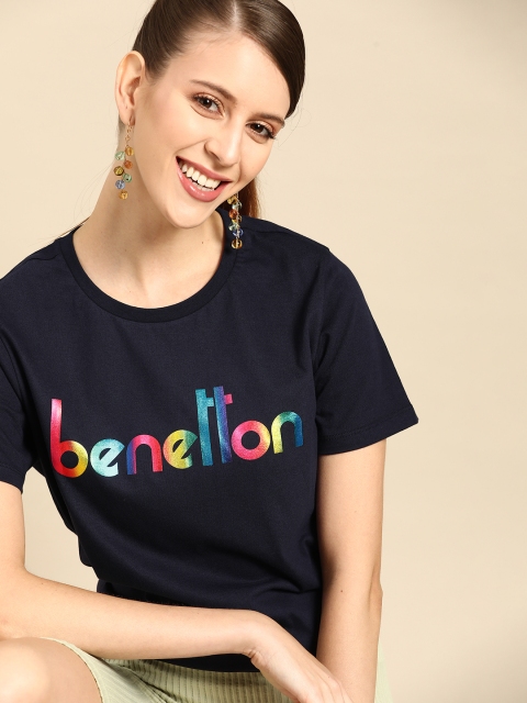 

United Colors of Benetton Women Navy Blue Brand Logo Printed Cotton T-shirt