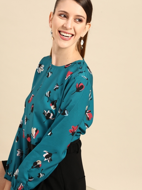 

United Colors of Benetton Teal Blue & Black Floral Regular Top