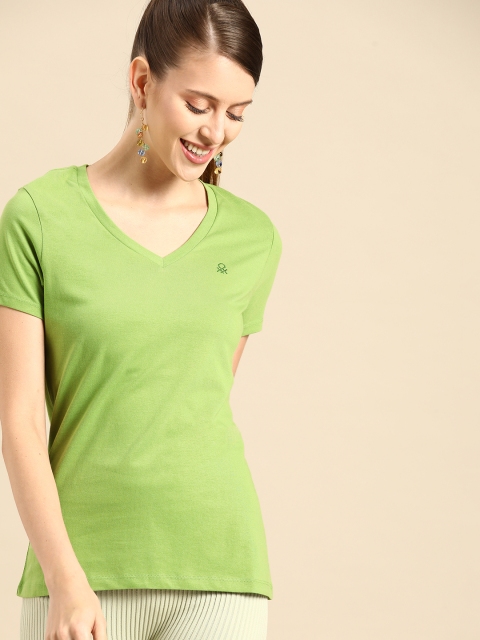

United Colors of Benetton Women Green V-Neck Cotton T-shirt