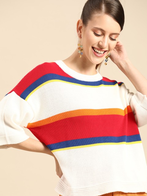 

United Colors of Benetton Women Off White & Red Cotton Striped Drop-Shoulder Pullover