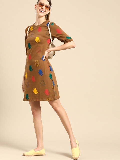 

United Colors of Benetton Brown & Red Printed Pure Cotton T-Shirt Dress