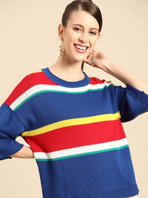 

United Colors of Benetton Women Blue & Red Striped Drop-Shoulder Pullover