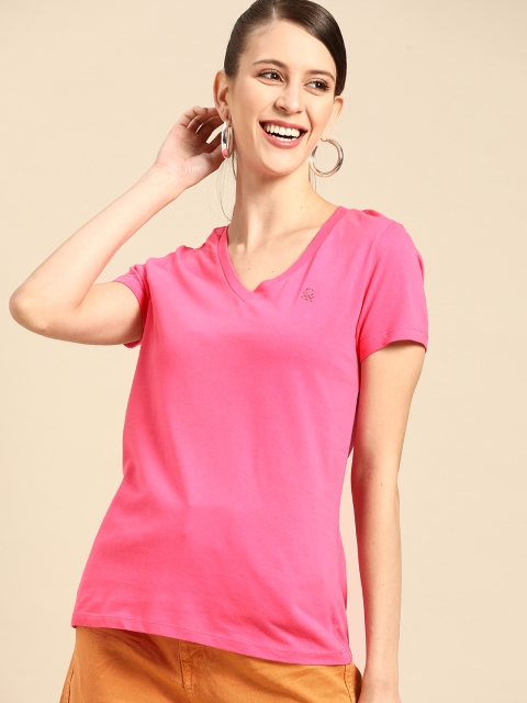 

United Colors of Benetton Women Pink Cotton V-Neck T-shirt