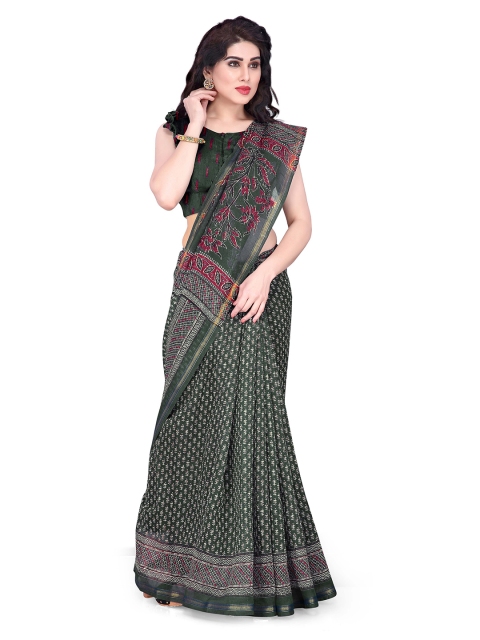 

KALINI Green & White Printed Dabu Saree