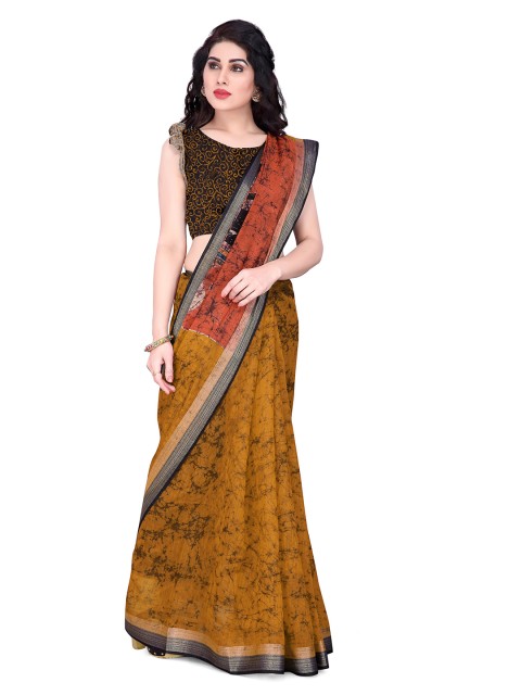 

KALINI Mustard Yellow & Black Abstract Printed Saree