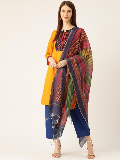 

TRISHAA BY PANTALOONS Women Yellow & Blue Yoke Design Kurta with Trousers & Dupatta