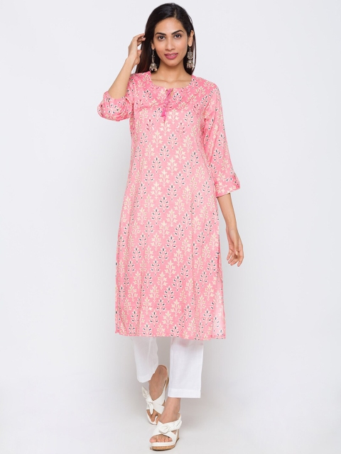 

TANKHI Women Pink Ethnic Motifs Printed Flared Sleeves Thread Work Kurta