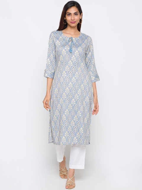 

TANKHI Women Blue Ethnic Motifs Printed Straight Kurta