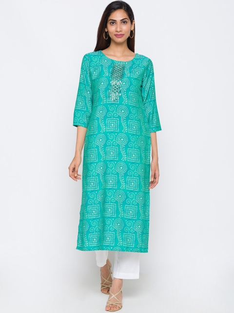 

TANKHI Women Teal Ethnic Motifs Printed Mirror Work Kurta