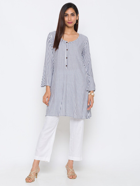 

TANKHI White & Grey Striped Kurti