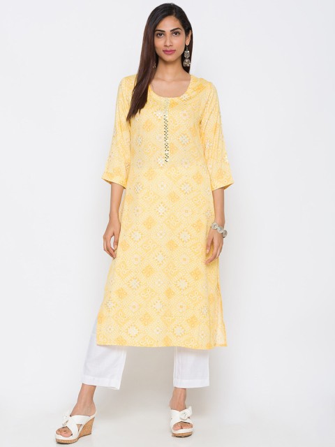 

TANKHI Women Yellow & White Bandhani Printed Mirror Work Kurta