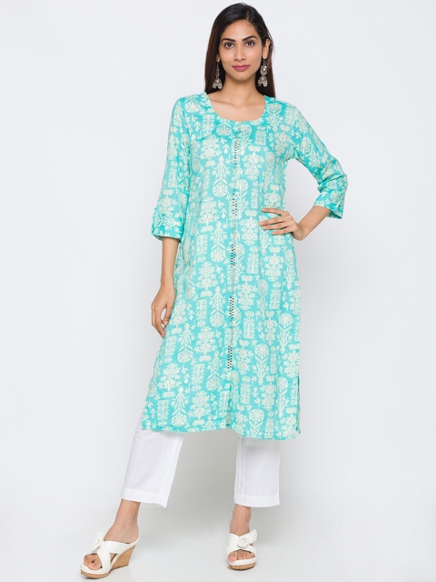 

TANKHI Women Blue Ethnic Motif Printed & Embellished Straight Kurta