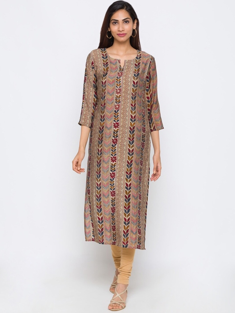 

TANKHI Women Brown & Red Geometric Printed Cotton Silk Straight Kurta