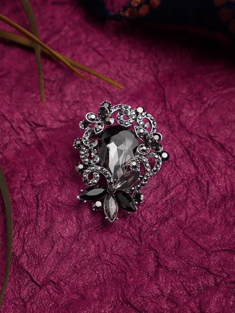 

Mali Fionna Silver-Toned & Black Stone-Studded Brooch