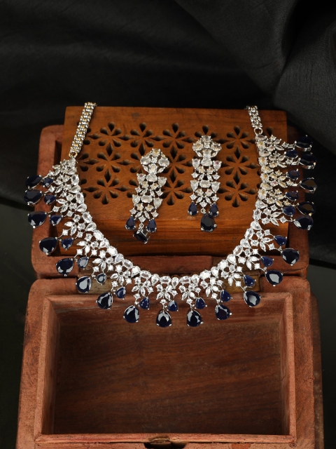 

ANIKAS CREATION Silver-Plated Navy Blue & White AD-Studded Handcrafted Jewellery Set