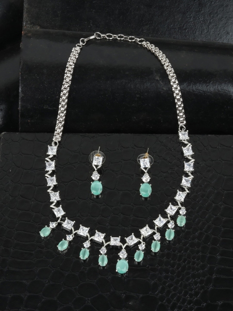 

ANIKAS CREATION Silver-Plated Sea Green & White AD-Studded Handcrafted Jewellery Set