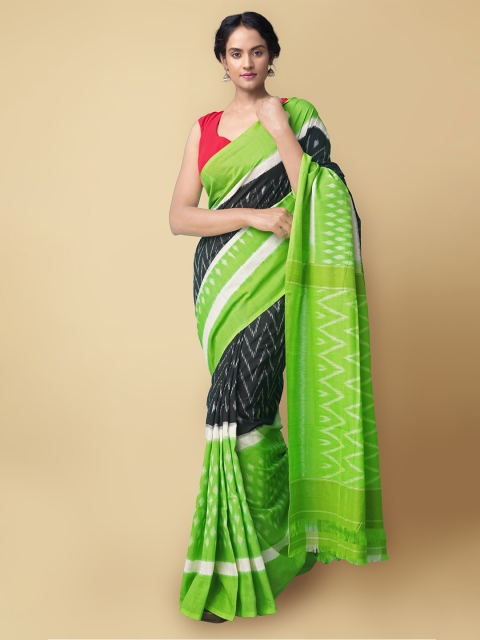 

Unnati Silks Black & Green Pure Cotton Pochampally Saree