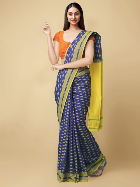 

Unnati Silks Blue & Green Pure Cotton Handloom Sustainable Ikat Pochampally Saree