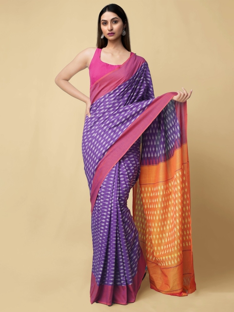 

Unnati Silks Purple & Orange Woven Design Pure Cotton Pochampally Saree