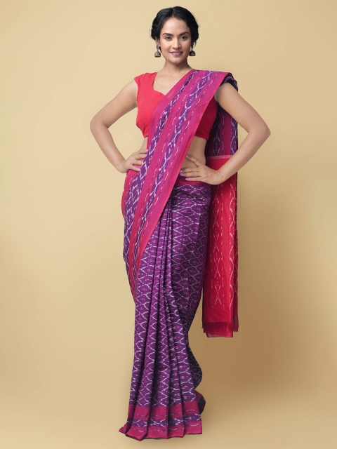 

Unnati Silks Purple & Magenta Pink Pure Cotton Handloom Sustainable Ikat Pochampally Saree