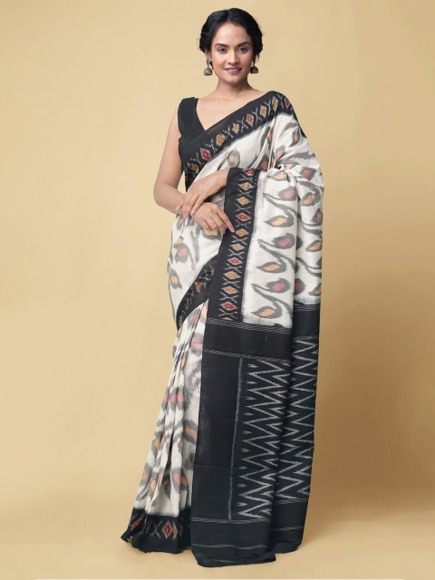

Unnati Silks Off White & Black Woven Design Pure Cotton Pochampally Saree
